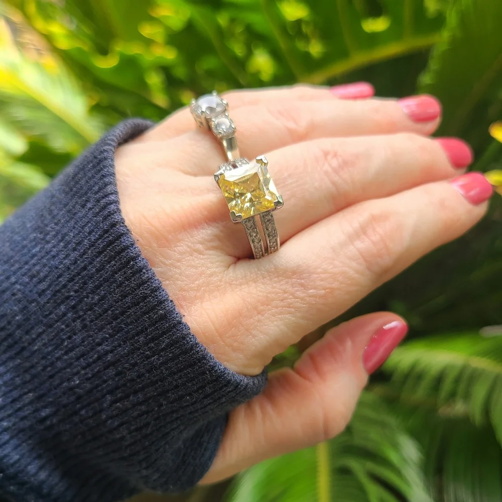 Silver Rhodium Plated Yellow Princess Cut CZ Ring, Size 8 - Picture 7 of 8